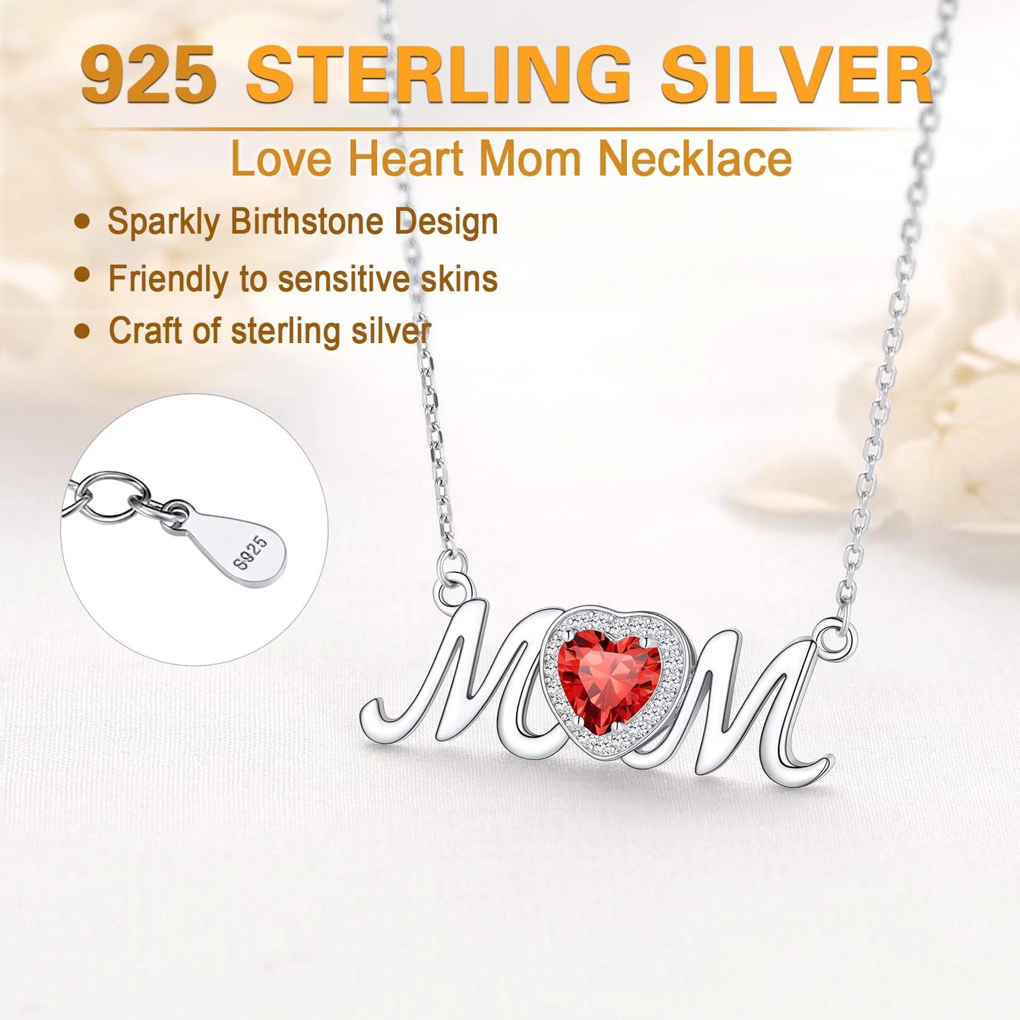 925 Sterling Silver Birthstone Love Heart Mom Necklace Jewelry for Women Mother'S Necklaces Choker Birthday Mothers Day Gift