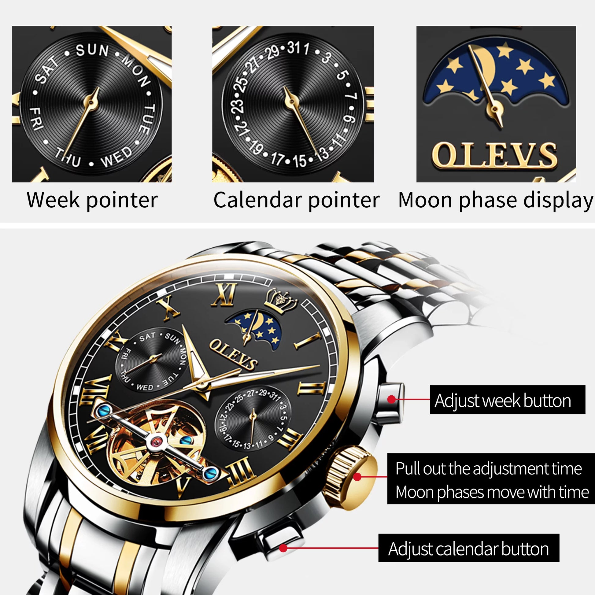 Automatic Watches for Men Skeleton Mechanical Self Winding Luxury Business Dress Mens Watches Moon Phase Day Date Waterproof Luminous Reloj Para Hombre, Gifts for Men, Male Watch 6617